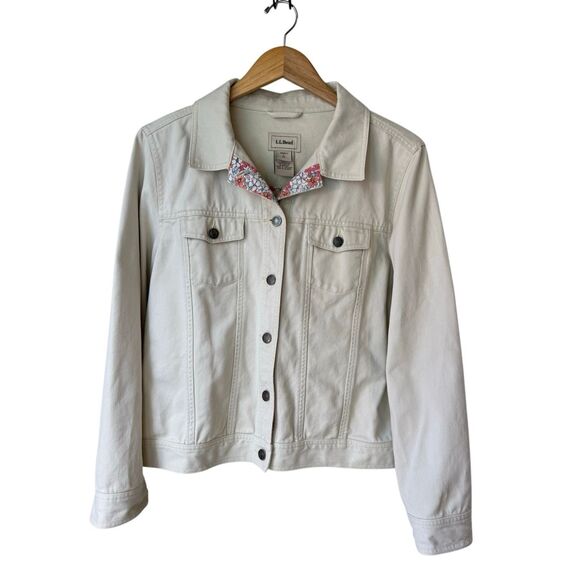 Vintage L.L Bean 100% Cotton Beige/Cream Denim Jacket With Floral Trim - Picture 3 of 11